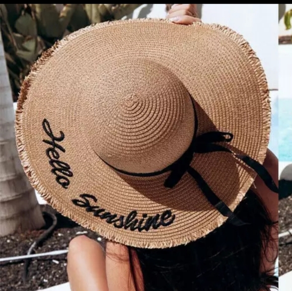 LAST 1- GRAY "HELLO SUNSHINE"  straw sun hat - Picture 2 of 7